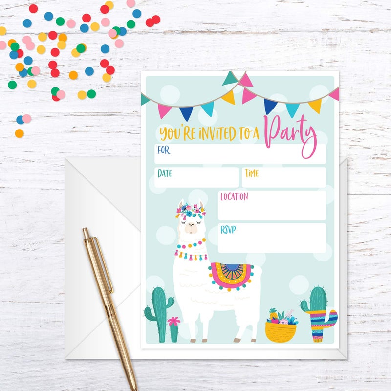 Canopy Street Llama Fill In Party Invitation / 25 Llama Fiesta Birthday Invitations and Envelopes / 5" x 7" Flat Alpaca Invite/Llama Baby Shower Invitation/Made In The USA - Image 4